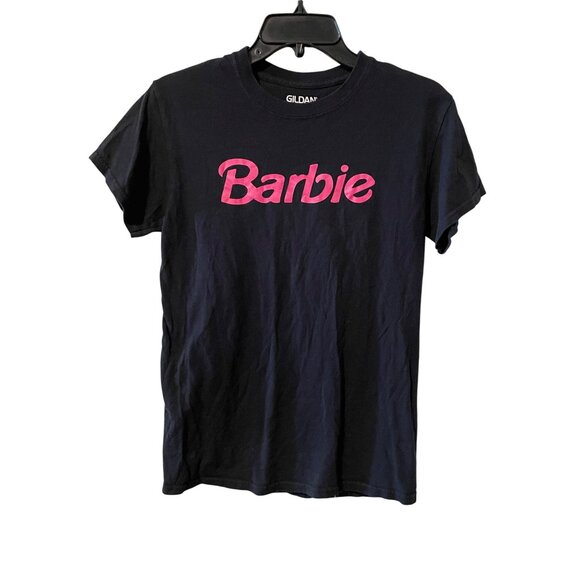 Gildan Barbie Black T-Shirt S Black With Pink Barbie Logo 100% Cotton Womens Sho - Picture 1 of 5